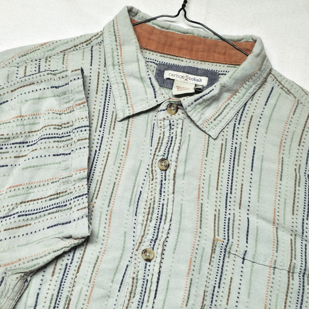 Carbon 2 Cobalt Shirt Mens XL Green Multi Stripe Short Sleeve Cotton Button Down